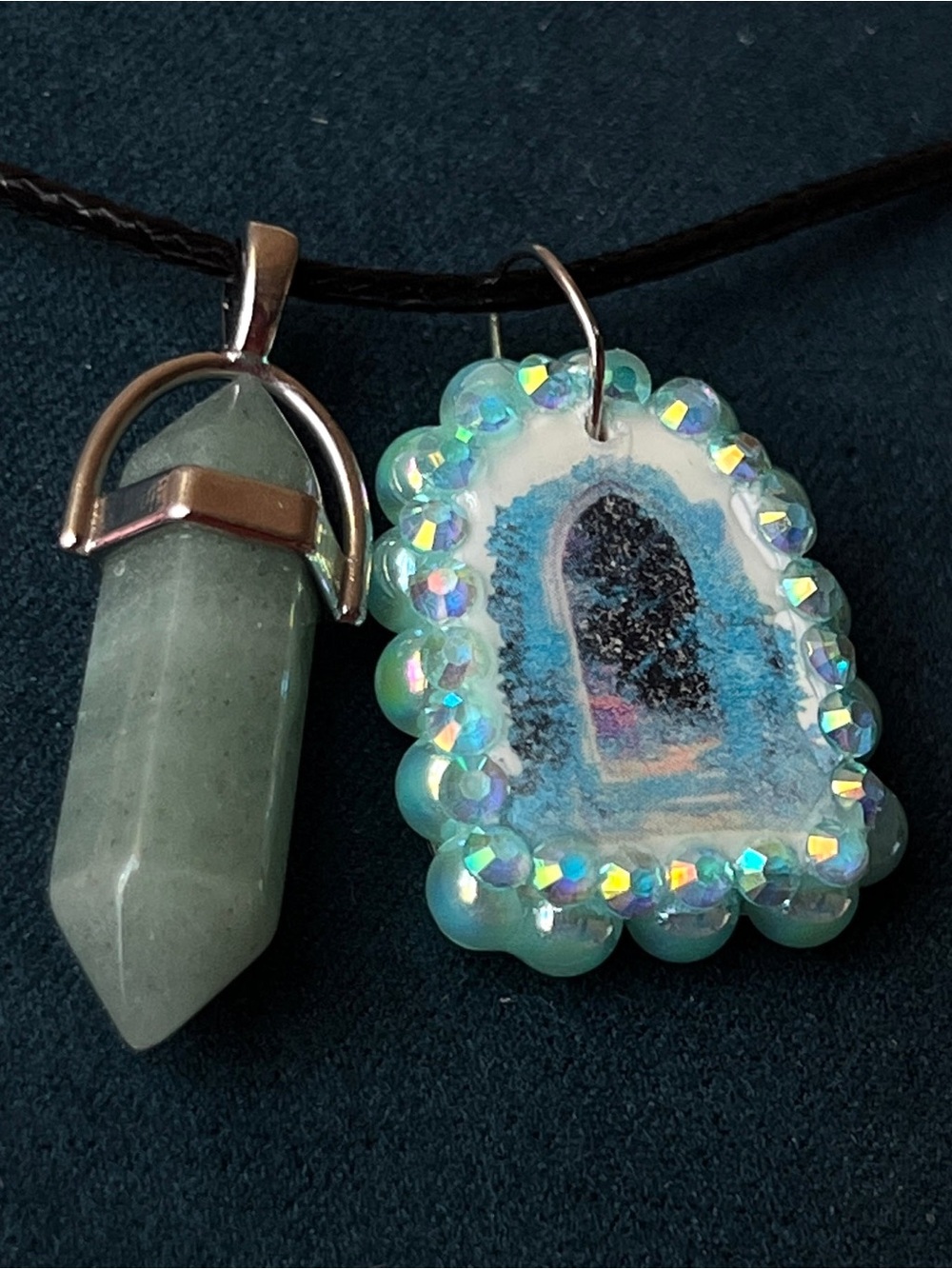 Green Aventurine Point Pendant Necklace with Iridescent Blue Charm